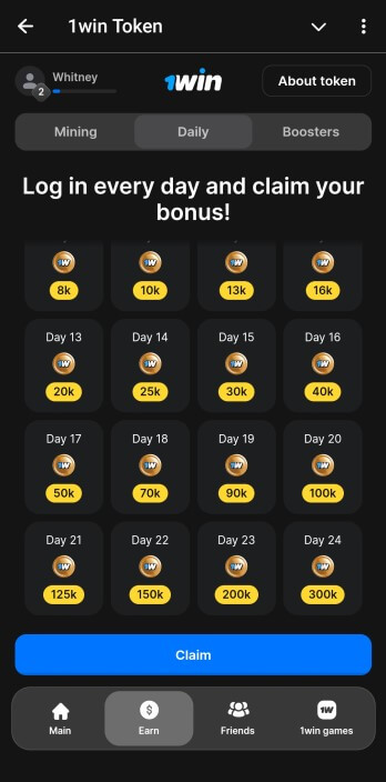 Earn 1win Tokens - Daily Rewards